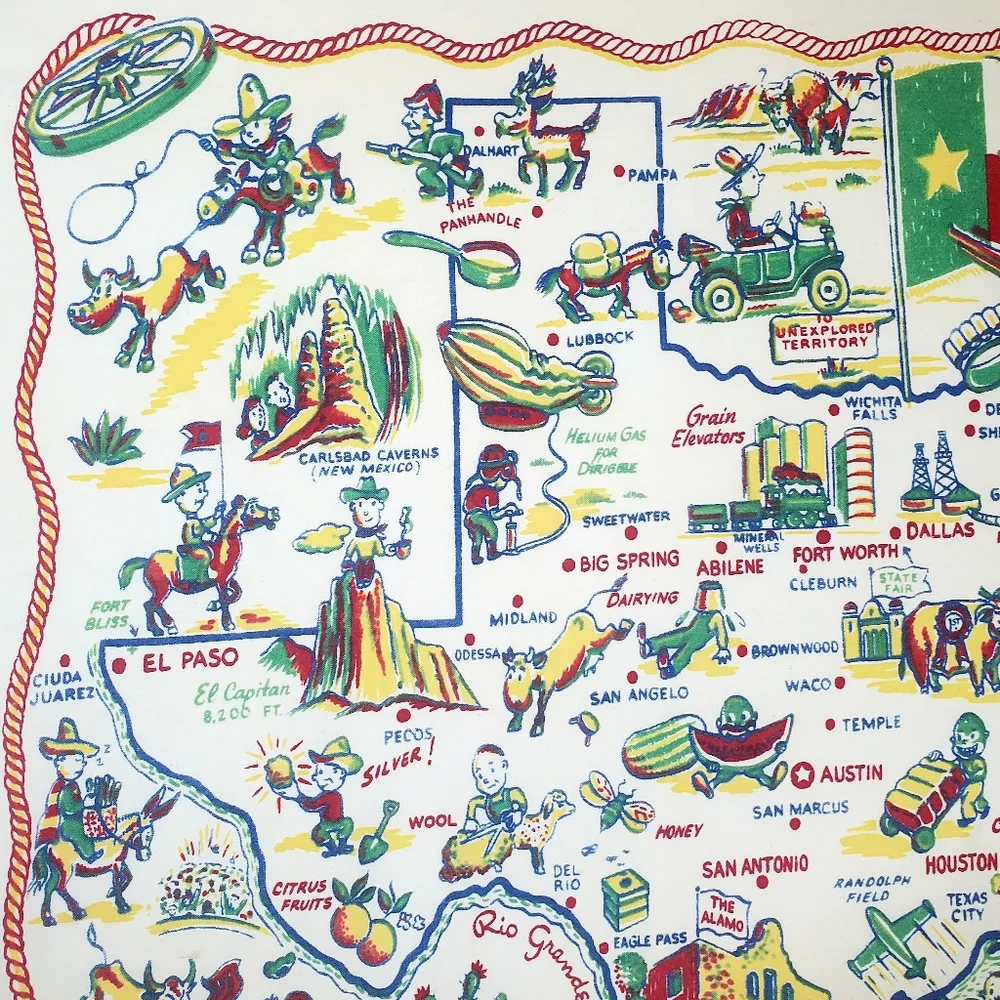 SOLD Vtg Texas Novelty Souvenir Tablecloth 37"x 32" Lone Star State Caricature - Picture 3 of 15